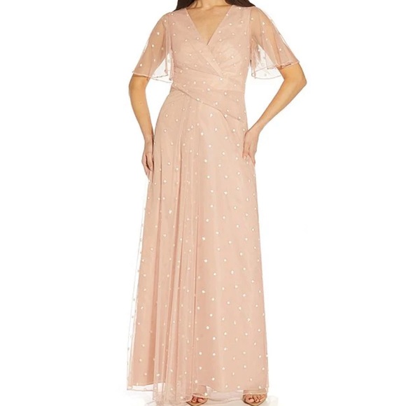 Adrianna Papell Metallic Clip Dot Short Flutter Sleeve Surplice V-Neck Gown. - Picture 1 of 16